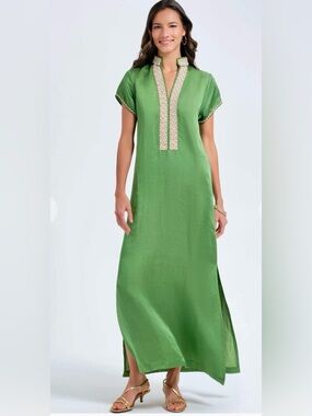 Bella Tu Green Pearl Cap Sleeve Beaded Trim Maxi Caftan Dress